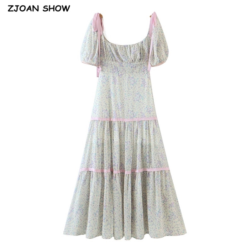 

Vintage Spliced Lace Square Collar Puff Short sleeve Maxi Long Dress Women Floral Print Cute Chiffon Holiday 210429, Multi