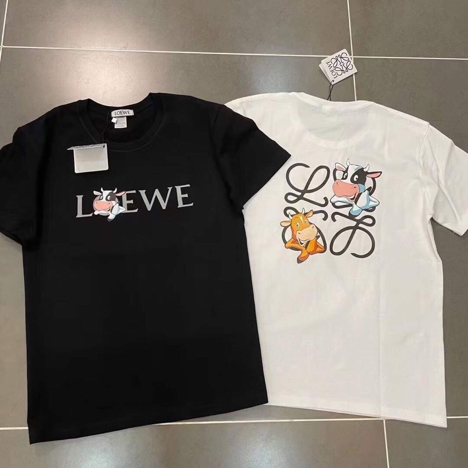 

round 21 neck new cotton t-shirt men's and women's Loewe year of the ox print short comfortable fashion Korean men's, White