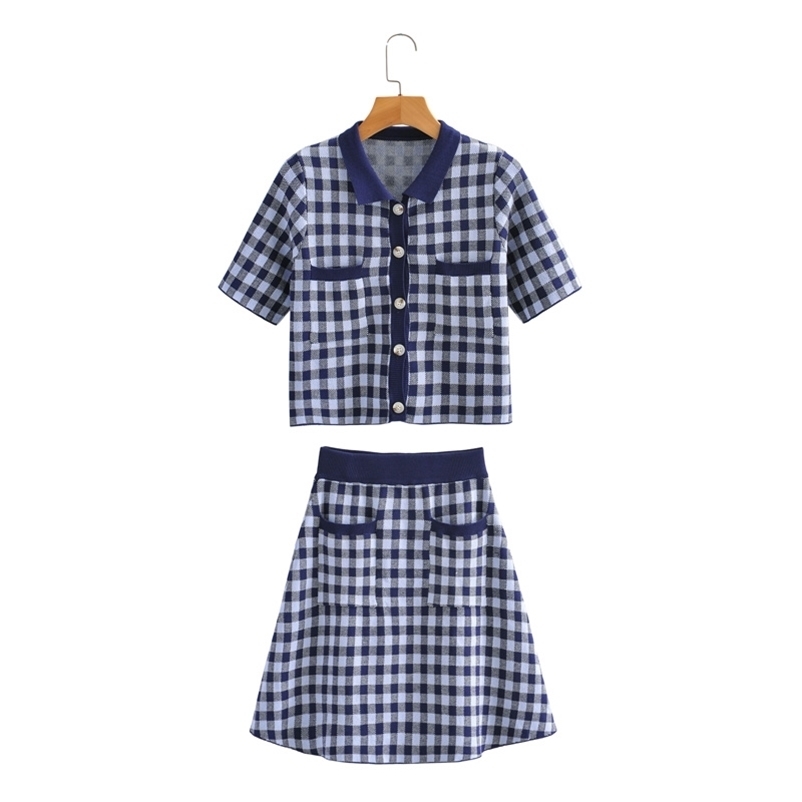 

Women plaid sweater skirts suits sets Fashion knitted turn down collar short sleeve shirts and A-line mini Casual 210524, Skirt