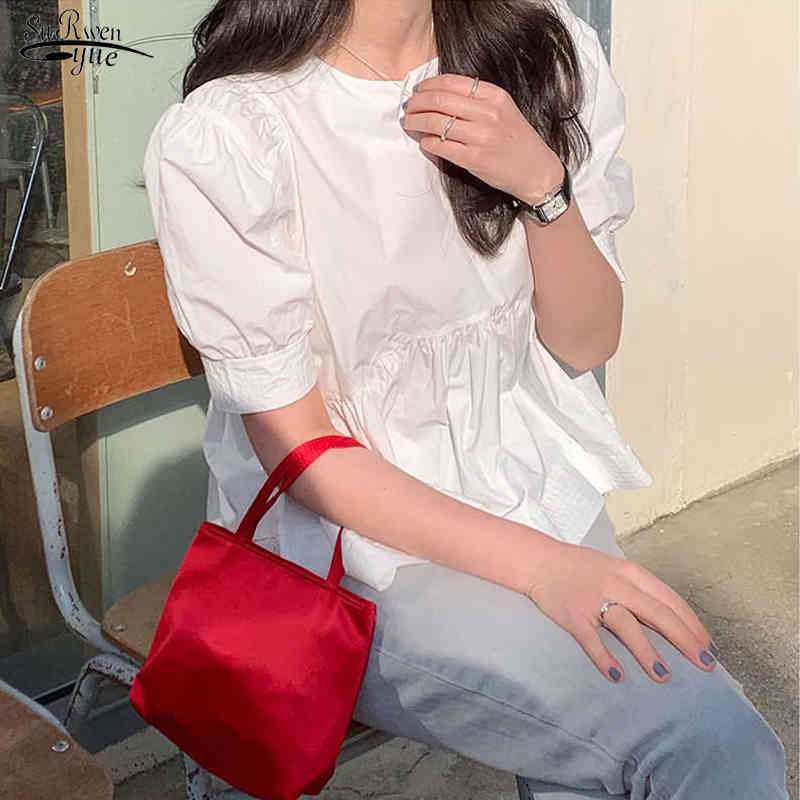 

Summer Solid Cotton White Blouse Korean Version Sweet Cute Round Collar Bubble Short Sleeve Shirt Blusa Feminina 14038 210521, Yellow