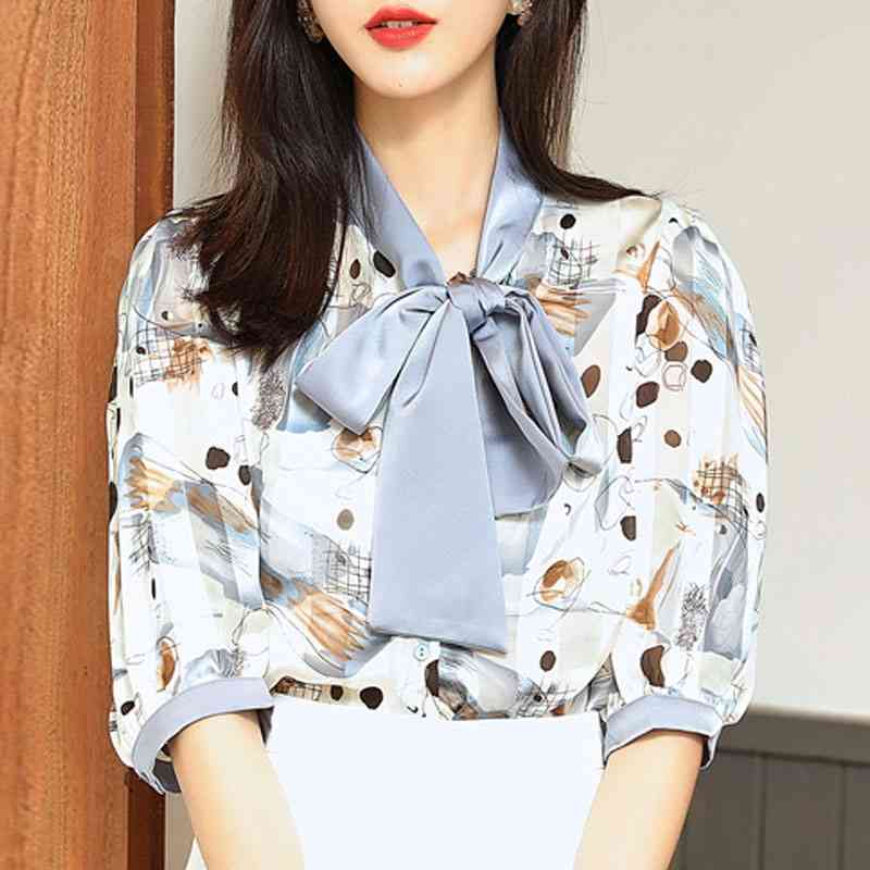 

Blouse Women Womens Tops And Blouses Bow V-neck Print Chiffon Blouse Shirt Short Sleeve Blouse Women Tops Blusas Mujer D205 210602, Pink