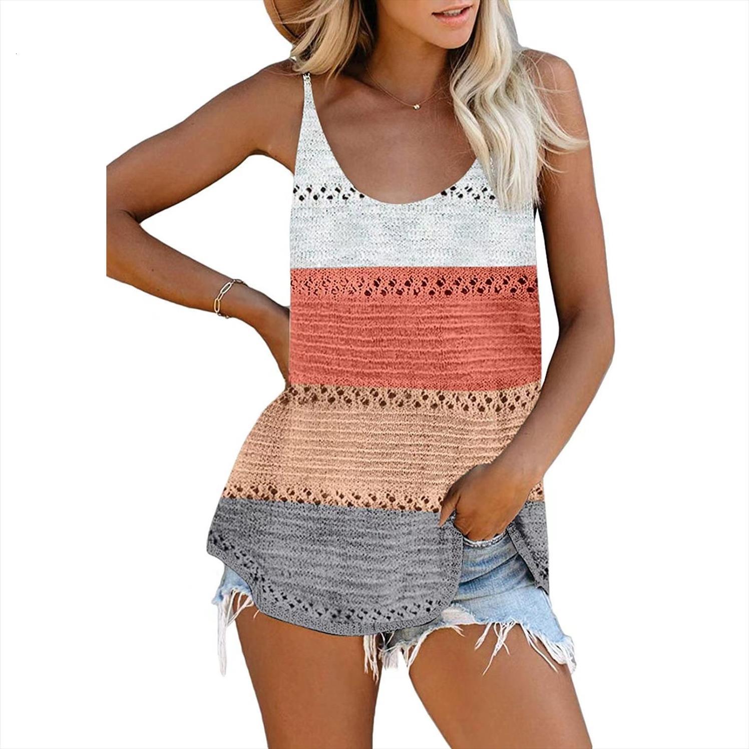 

summer vacation knitted womens cami patchwork tees casual loose pullover beach, White