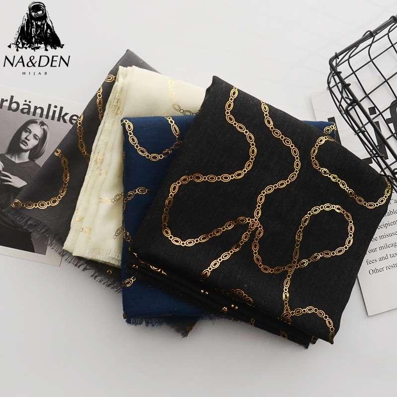 

Scarves Design Solid Viscose Cotton Scarf With Gold Chain 180*100 Big Size Muslim Fashion Wrap Foulard Shawl Hijab 10pcs/lot, Blue;gray
