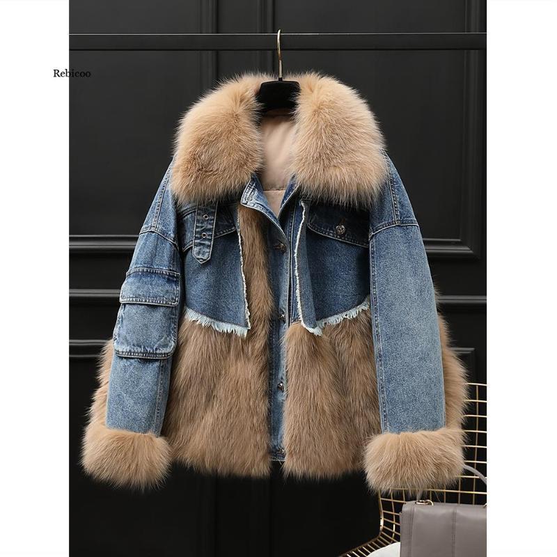 

Women's Fur & Faux Women Denim Stitching Coat Collar Mid-Length Warm Parka Female Winter 2021, Black