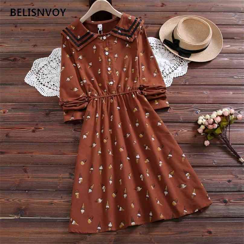 

Japanese Mori Girl Autumn Winter Kawaii Dresses Women Long Sleeve Vintage Sailar Collar Vestidos Ropa Mujer Elegant Cotton Dress 210520, Brown