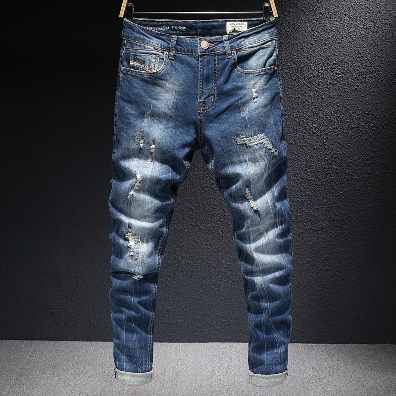 

men's jeans european vintage fashion men retro blue elastic slim fit ripped destroyed distressed designer denim pencil pants