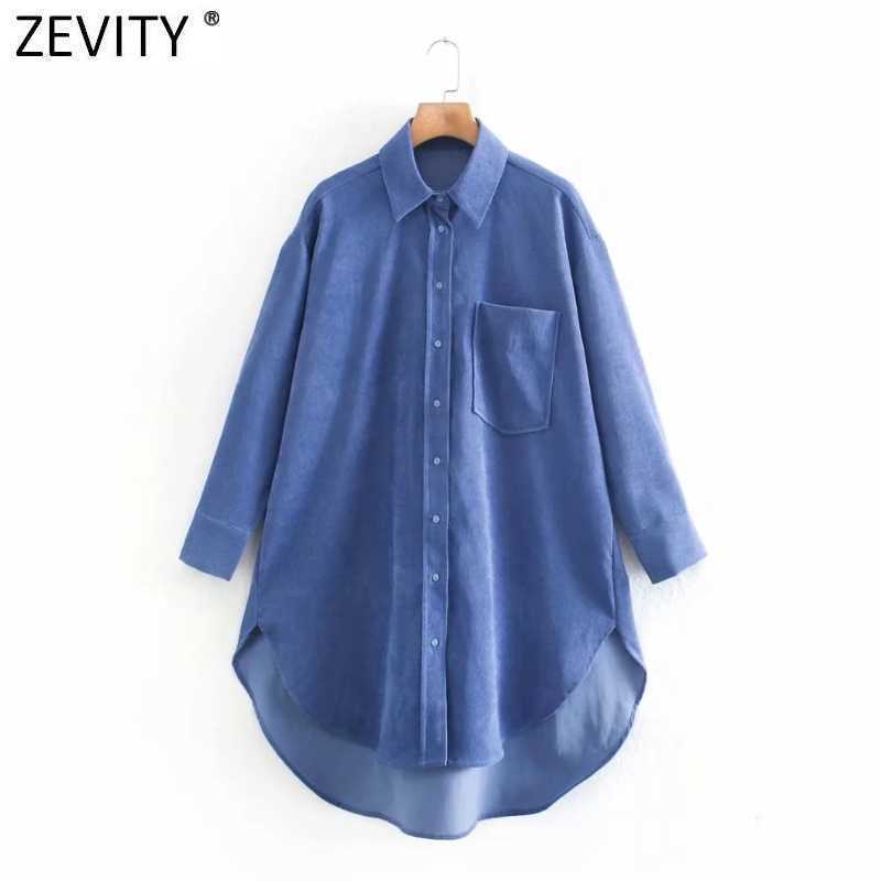 

Zevity Women Vintage Pocket Patch Solid Corduroy Long Blouse Office Ladies Casual Loose Shirts Chic Blusas Tops LS7475 210603, As pic ls7475ld