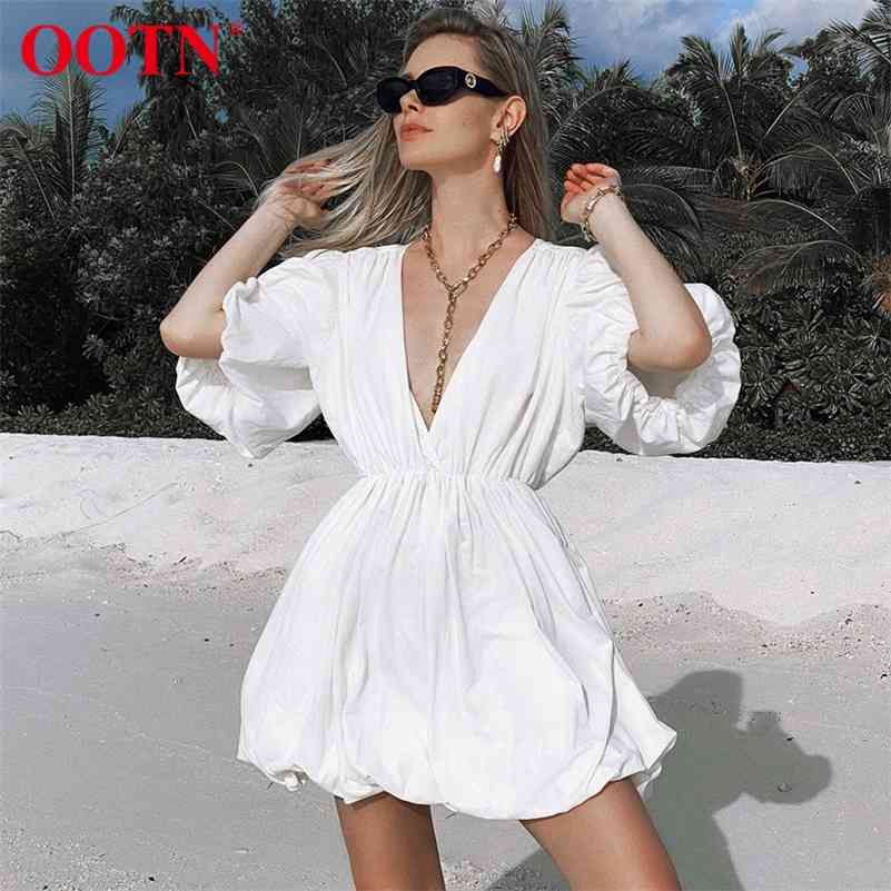 

OOTN Fashion Casual Short Dresses Women Lantern Sleeve V-Neck Sexy Black Dress Summer Elegant Pleated A-Line Dress Ladies 210630