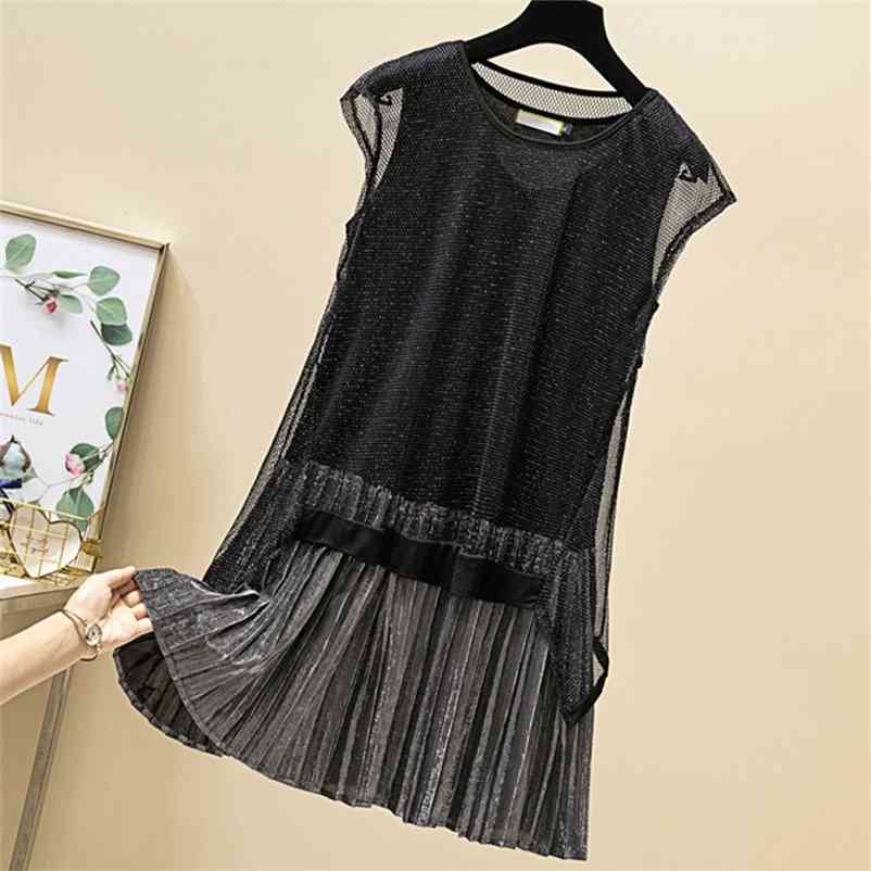 

Summer Women Glitter Dress Short Sleeve Sexy Hollow Out Mesh Patchwork Loose Casual Pleated Ruffle Dresses 210519, Black
