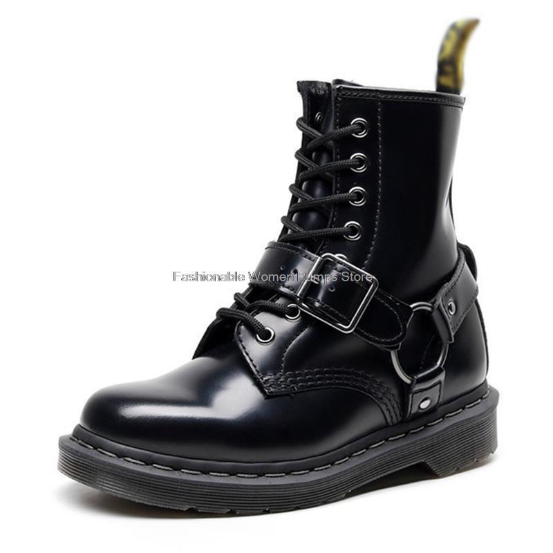 Boots 2021 Couple Buckle Black Women Ankle Round Toe Lace Up Leather Motorcycle Men Short Shoes Unisex