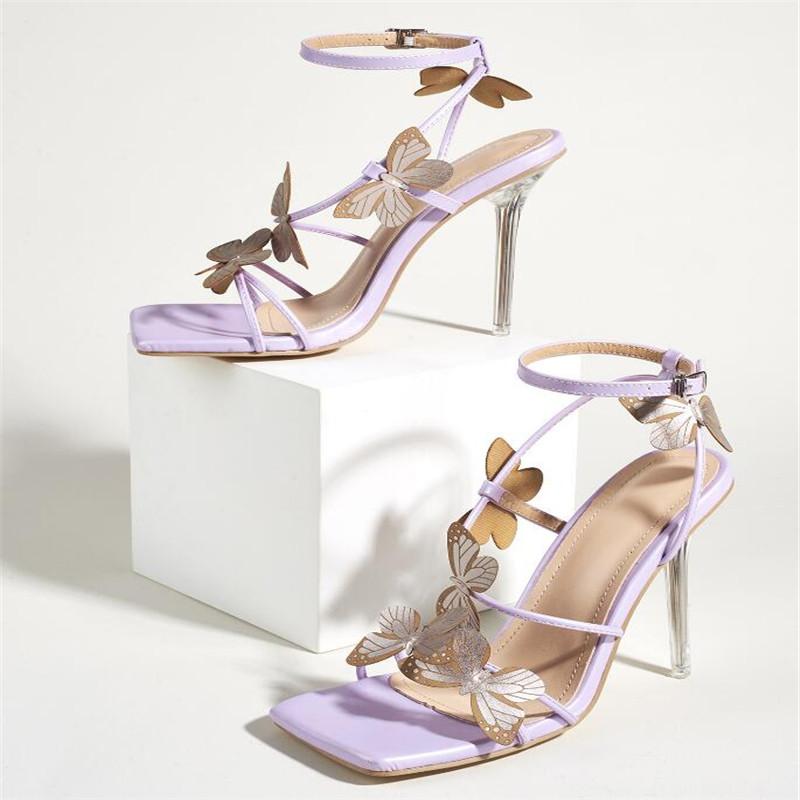 

Sandalias Mujer 2021 Summer Appliques Butterfly Narrow Band Fashion Sweet High Heels Women's Shoes Purple Head Peep Toe Dress, Black