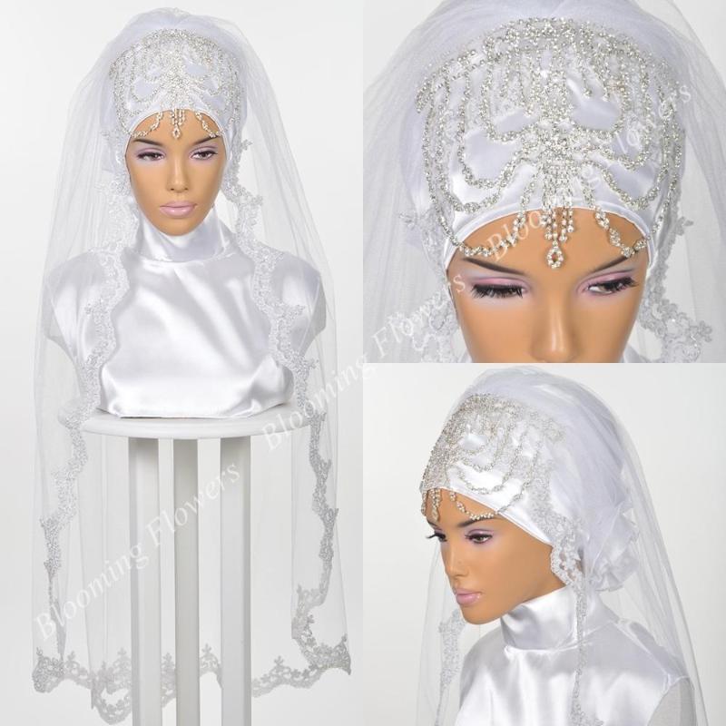 

Bridal Veils Muslim Wedding Hijab 2021 Luxury Crystals Lace Voile Khimar Islamic Nikkah Mariage One-Layer Fingertip Length, White