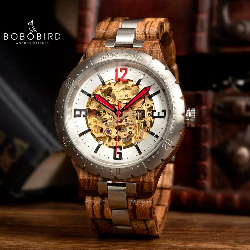 

Wristwatches Automatic Mechanical Watch BOBO BIRD Men Wood Watches Relogio Masculino Waterproof Timepieces With Box L-S11, Slivery;brown