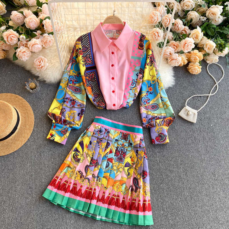 

Spring Fashion Temperament Exotic Print Lapel Puff Sleeve Shirt Female High Waist Slim Skirt Suit C597 210708, Pink2