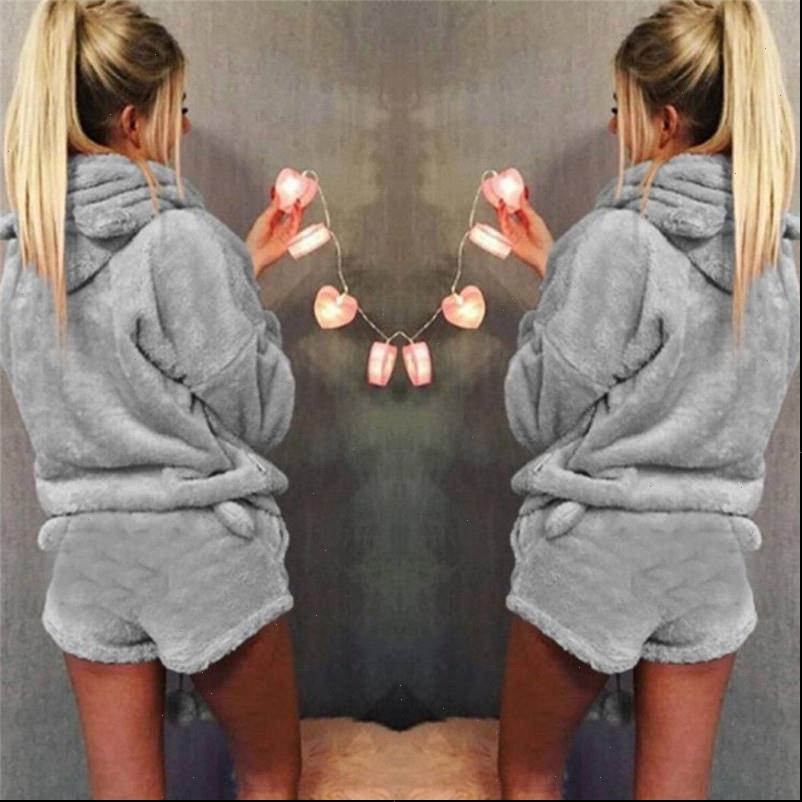 

women warm tracksuits winter sleepwear long sleeve nightwear fur ladies pure color pajamas outfit hooded shorts years suits, Gray