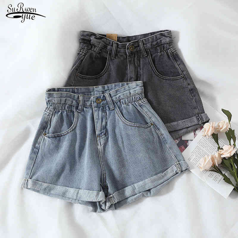 

Summer High Waist Denim Shorts Women Casual Loose Ladies Fashion Plus Size Elastic Wide Leg Short Jeans Female 13724 210521, Black grey