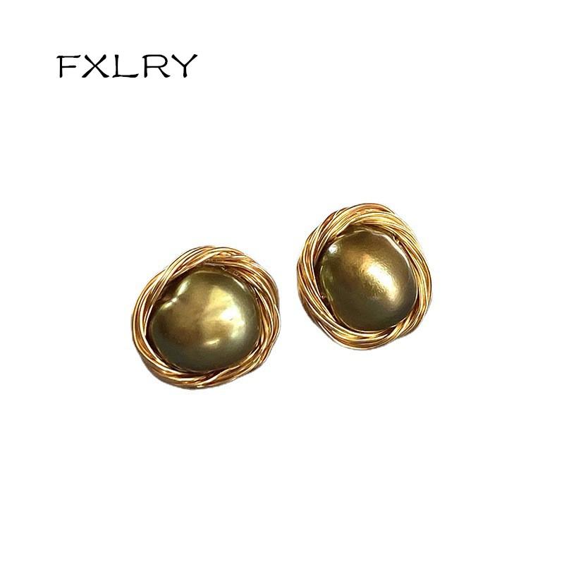 

Stud FXLRY Elegant Handmade Natural Pearl Gold Color Geometry Wire Winding Earrings For Women Jewelry, Golden;silver