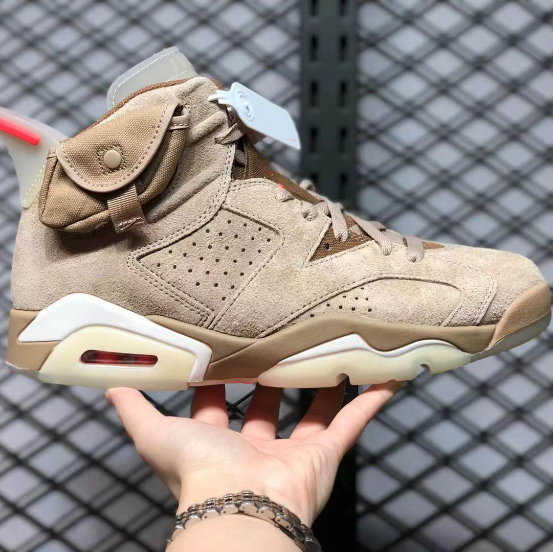 

Travis Scotts x jumpman 6 British Khaki Basketball Shoes this 6s comes with Khaki suede across the upper we have Crimson used on the Jumpman branding., #2