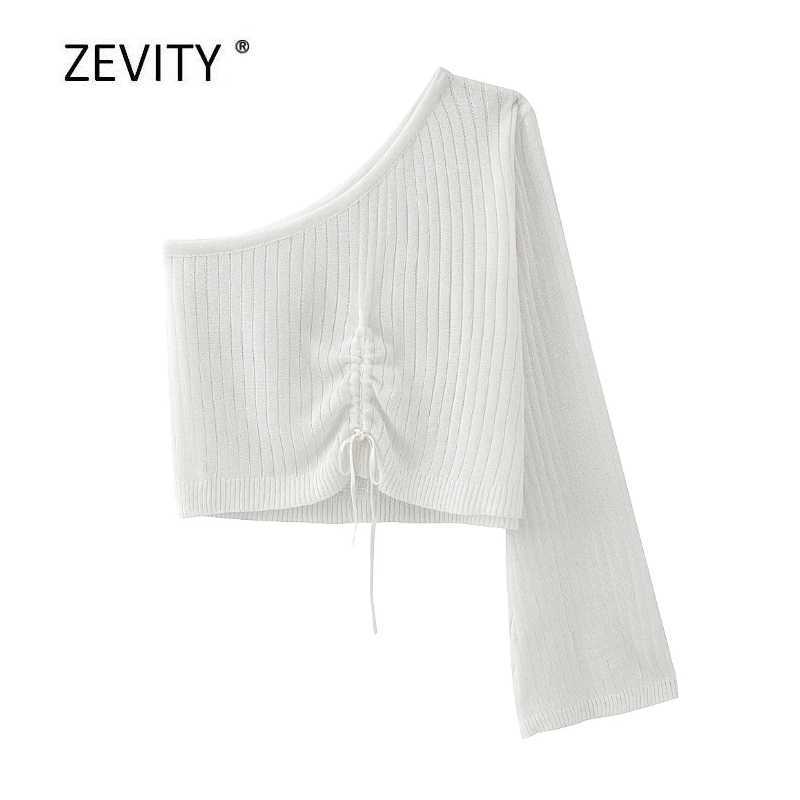 

Zevity women fashion single shoulder drawstring short sweater ladies basic casual slim thin sweaters chic leisure tops S307 210603, Xqj s307g