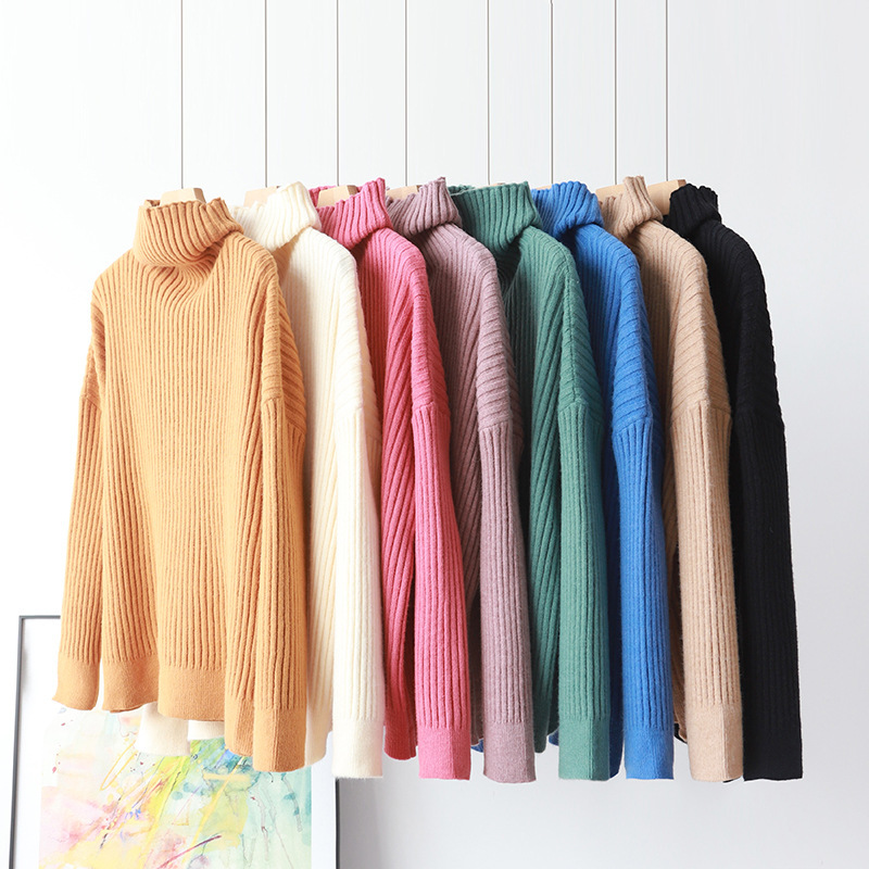 

Women's Fashion Thickened Loose Soft Anti-pilling Knitted Bottoming Shirt Solid Color The Pit Strip Turtleneck Sweater 210520, Green