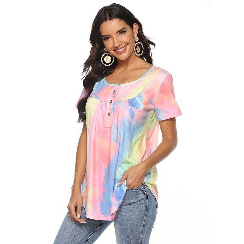 

Women Plus Size Fashions T Shirt Tops Summer O-neck Short Sleeve Tie-dye Loose Casual Ladies Streetwear Tee Shirt Femme 210608, Pink