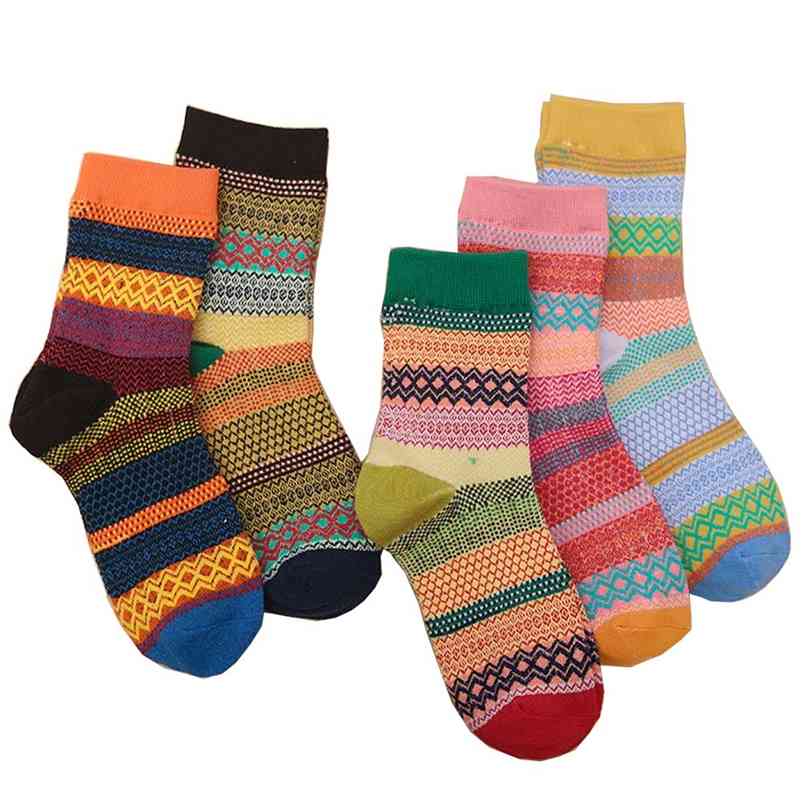 

Winter Fashion Women's Harajuku Retro Warm Striped High Quality Casual Cotton Socks 5 Pair 210720, Multi