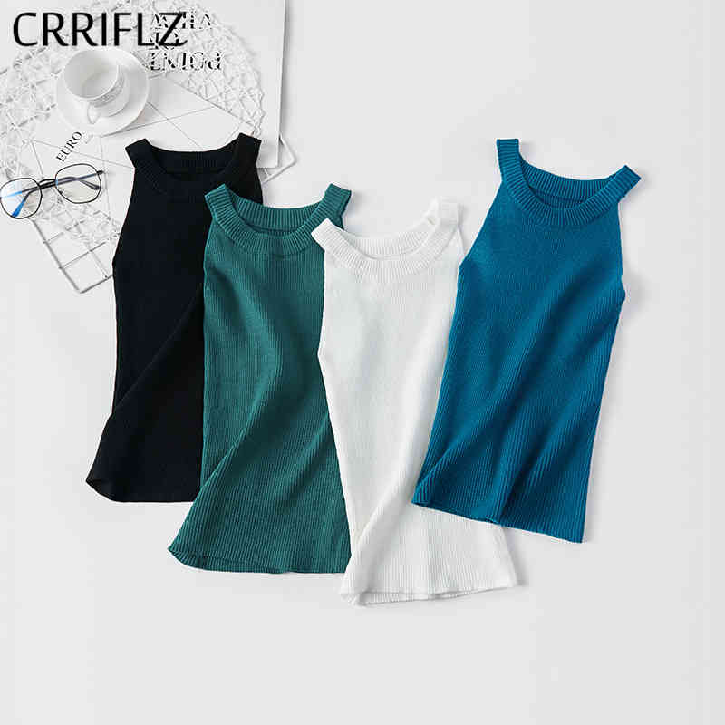 

Casual Solid Knitted Tank Top Women Autumn Sleeveless Cotton Halter 210520, Green