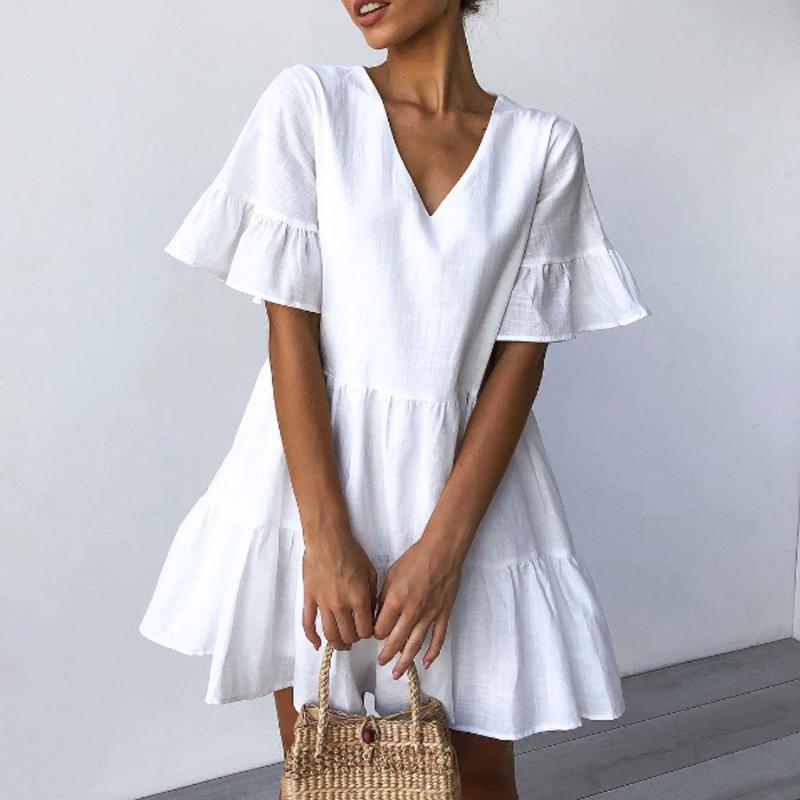 

Women's Blouses & Shirts Sexy Ruffled Striped Mini Dress Solid Fashion Women Evening Party Swing Femme Casual Short Sleeve Dresses Vestidos, White