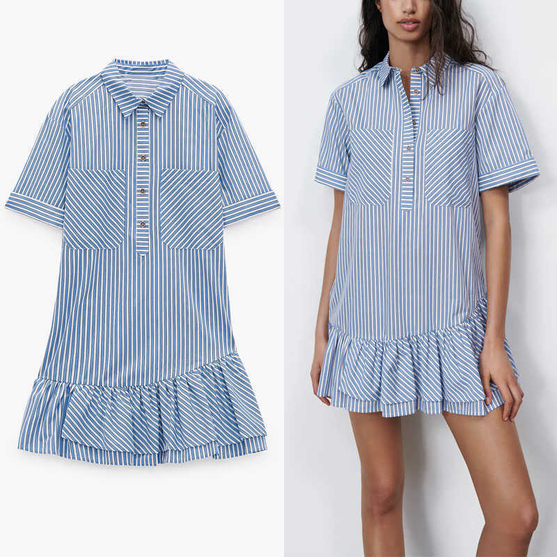 

Za Blue Striped Ruffle Mini Dress Women Short Sleeve Button Up Casual Retro Dresses Woman Fashion Patch Pockets Vestidos 210602