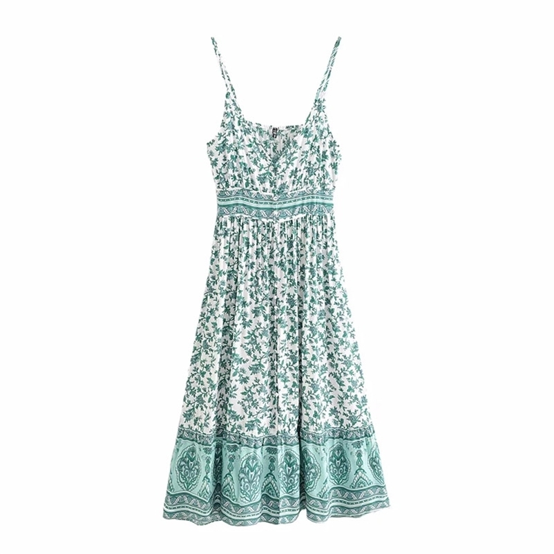 

women summer Spaghetti Strap dress small green floral printed V-neck sleeveless long sling fashion behomian beach 210524, Light green