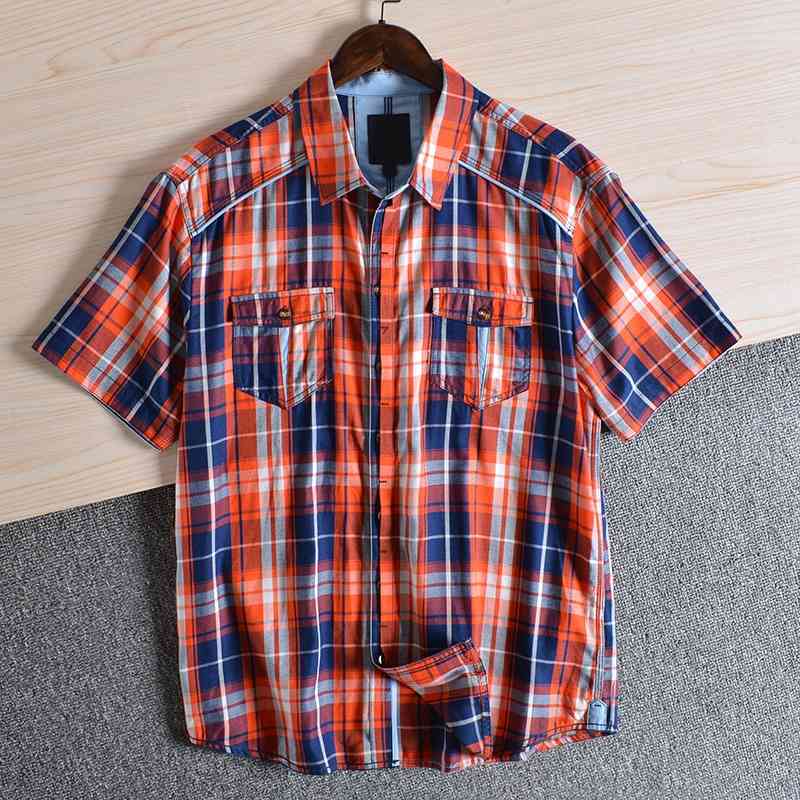 Ppe484 summer new men&#039;s fashion single breasted three dimensional Plaid Lapel short sleeve shirt-image-707039090