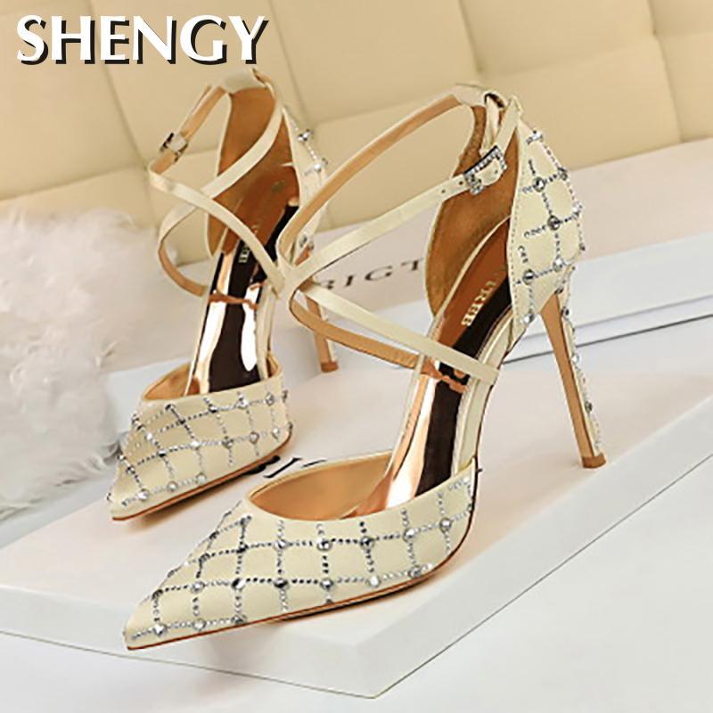 

Summer Ladies High-heeled Sandals 2021 Ankle Strap Shoes Pointed Open Toe Crystal Party Sexy Brown High Heels, Black