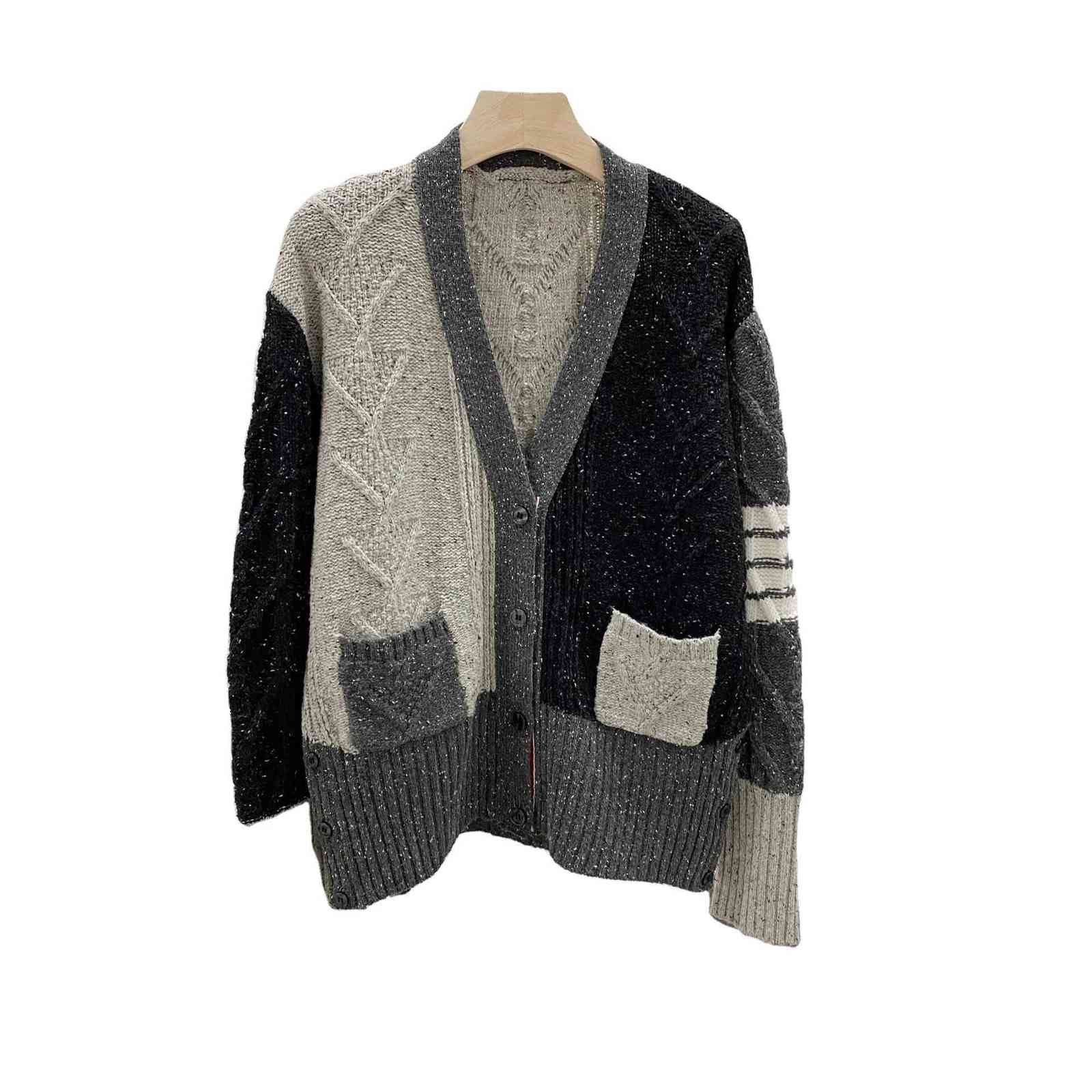 

Tb Twist Stitching v Sporadic Wool Knitted Cardigan Sesame Dot Gray Color Matching Thick Needle Four Bar Men' and Women' Sweater Coat, Grey color matching