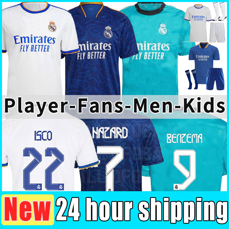 

REAL MADRID Soccer Jerseys 21 22 HAZARD ALABA Football Shirts BENZEMA ASENSIO MODRIC MARCELO Camiseta Women men + kids kit Fans Player Version 2021 2022 uniform socks, Home+patch