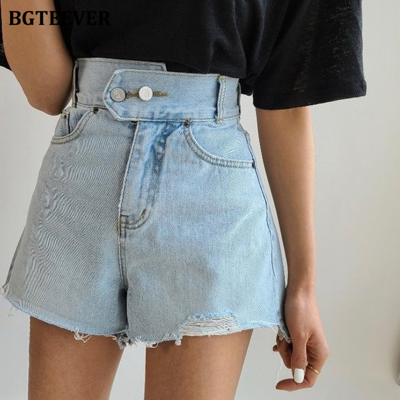 

BGTEEVER High Waist Double Button Jeans Shorts for Women 2021 New Summer Chic Ripped Edge Female Denim Shorts Casual Bottoms, Blue
