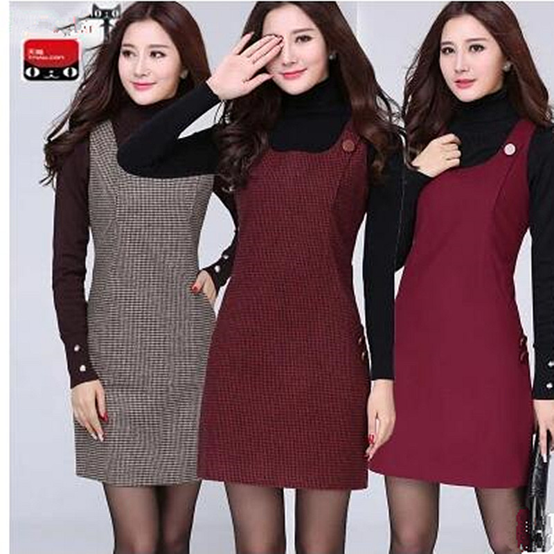 

Women dress High quality fashion large multi-pocket autumn winter dresses primer slim sleeveless wool vest dresses for women 01, Wine red1099