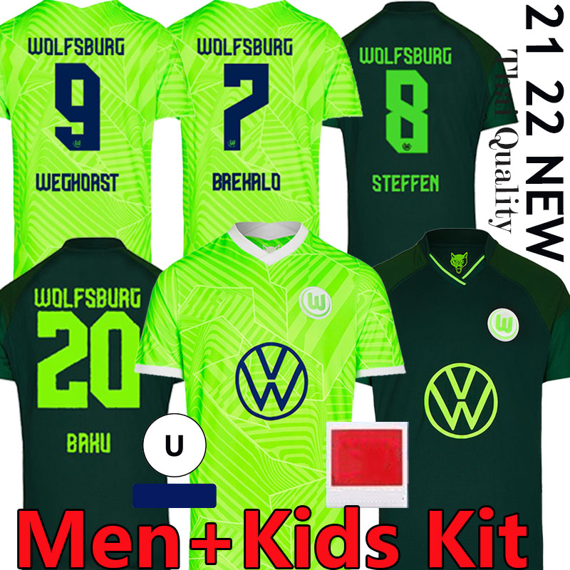 

21/22 VfL Wolfsburg soccer jerseys BREKALO ROUSSILLON STEFFEN WEGHORST 2021 2022 uniform KLAUS XAVER MALLI ARNOLD GUILAVOGUI BAKU men+kids kit football shirts, 20/21 home kit