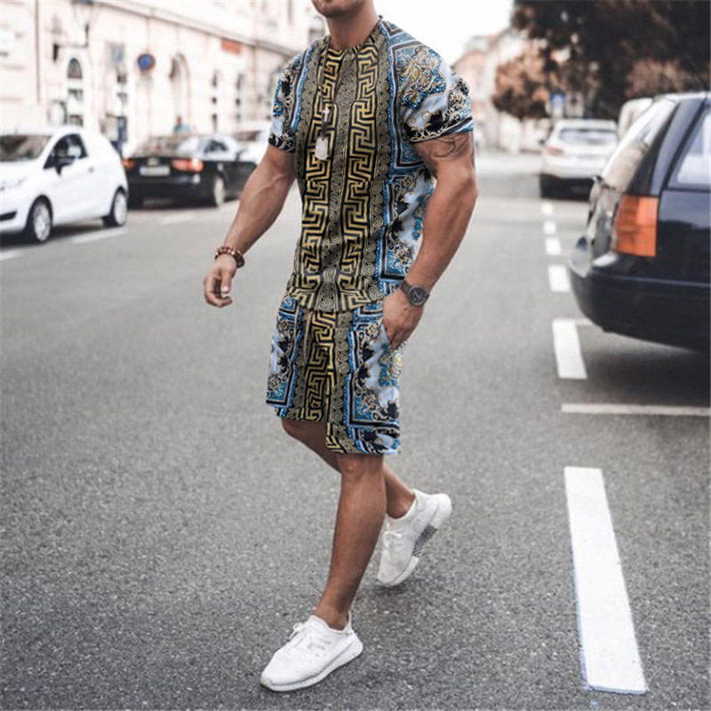 

Letter print men is casual suit short-sleeved trousers comfortable and cool fashion fit daily outing street style, Gray