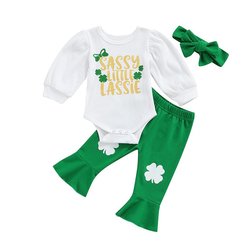 

Clothing Sets 3Pcs Baby Girls Outfits, Letters Print Long Sleeve Romper + Clover Flare Trousers Headband For Toddler 0-18 Months Babies, White