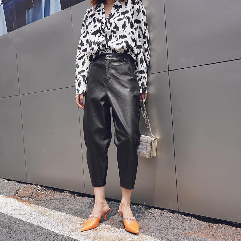 

Women' Pants & Capris Vintage Chic PU Women Leather Trousers Wide Pencil Street Style High Waisted Black Calf-Length Bottoms Plus, As pic