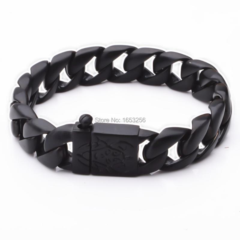 

Fashion Black Plated Curb Cuban Link Bracelet Chain Stainless Steel Cool Clasp Jewelry For Men Gift 15mm 8.66'' Link,