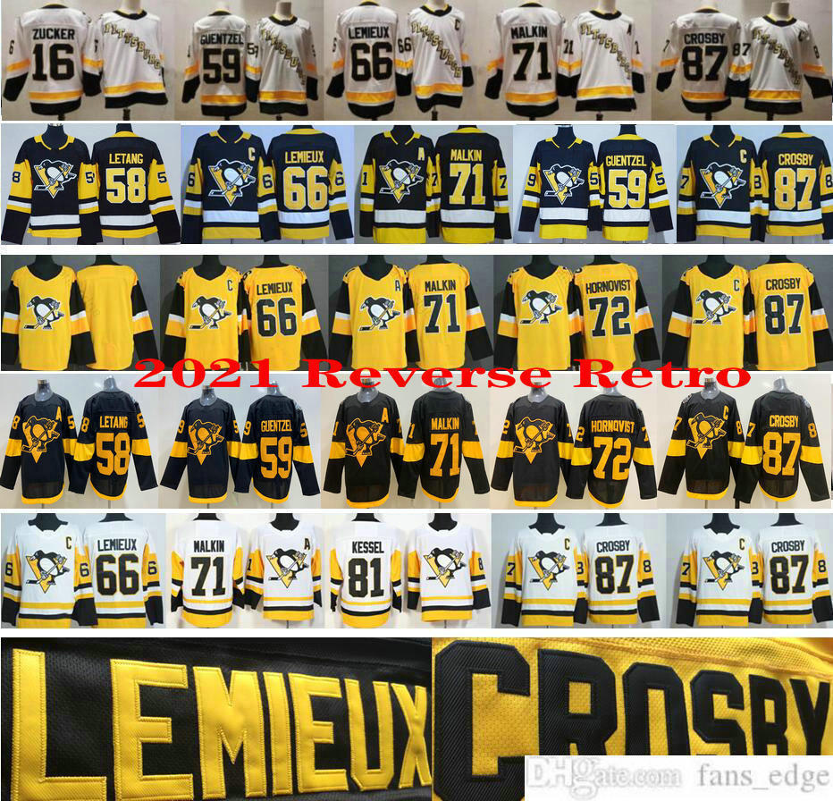 

2021 Reverse Retro Pittsburgh Penguins 87 Sidney Crosby 71 Evgeni Malkin 66 Lemieux 59 Guentzel 58 Kris Letang 16 Jason Zucker Nhl Jerseys, As picture men sizes