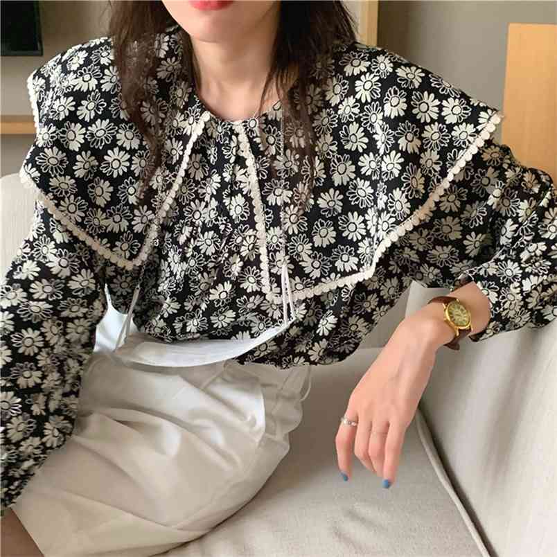 

Women Shirts Summer Korean Blusas Chic Loose Print Puff Sleeve Blouses Vintage Temperament Big Turn Down Collar Tops 210519, Black