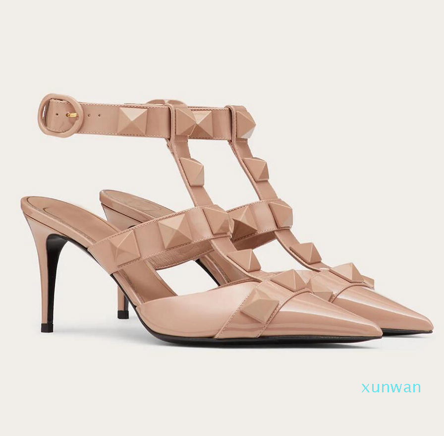 

Summer Roman sandals Stud Sandal Maxi Rock Studs Strappy Pumps Black Nude Patent Leather Lady High Heels Party Wedding Bridal