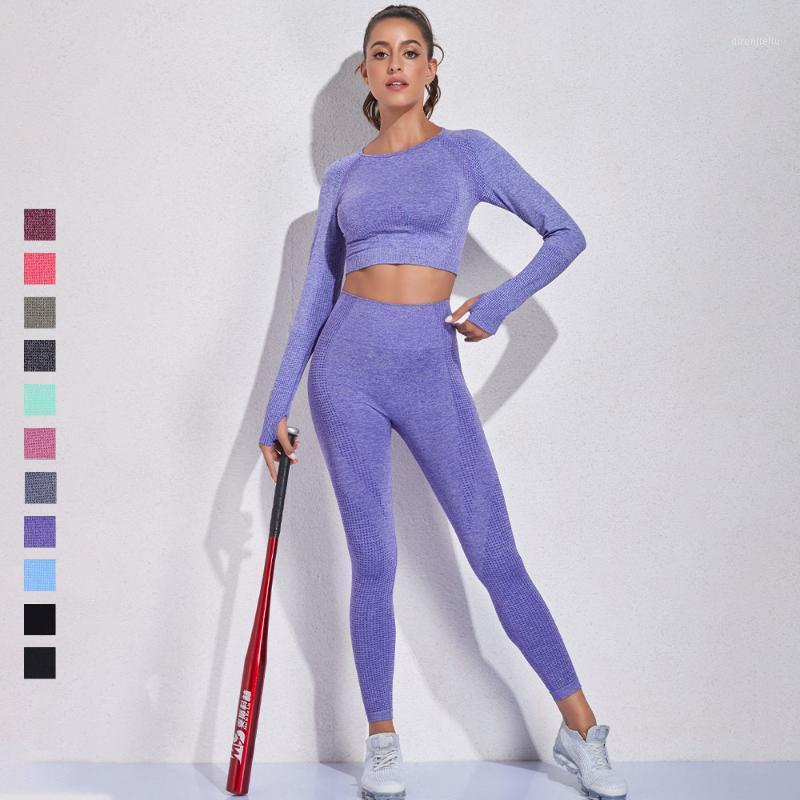 

Running Sets Women 2pcs Seamless Yoga Set Sport Suit Gymwear Workout Clothes Long Sleeve Gym Crop Top High Waist Leggings Fitness Sports Wea, Black;blue