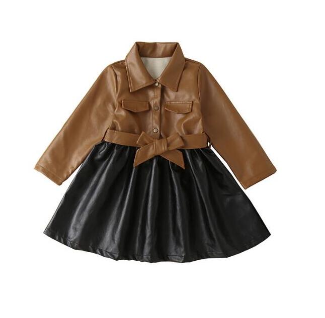 

Good Quality Fall Winter Baby Girls Leather Jacket Dresses Fashion Kids Stitching PU Dress Children Coats Skirts 2-7 Years, As picture