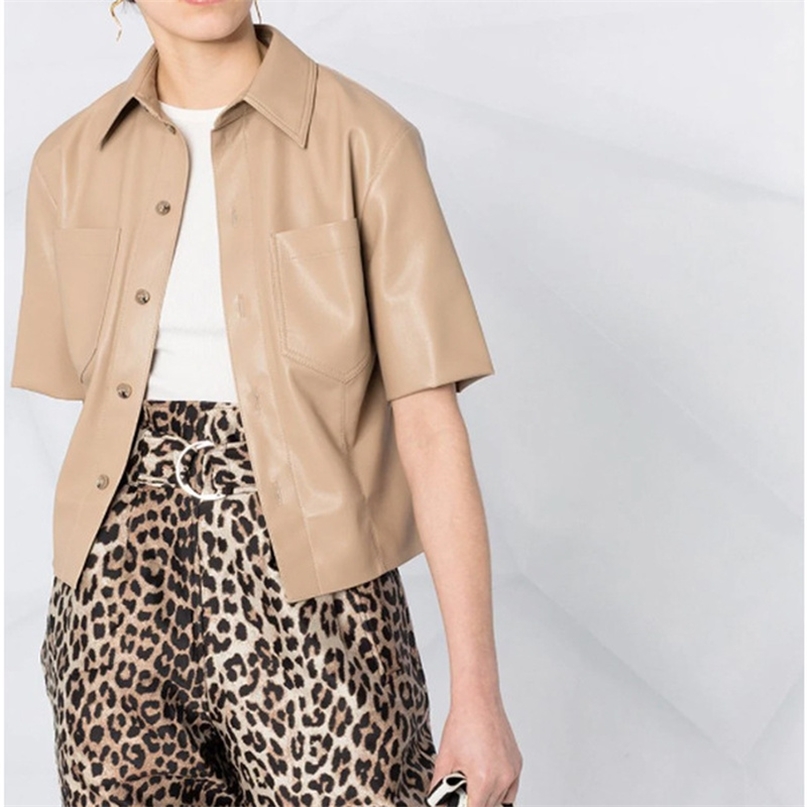 

European American Style Faux Leather PU Coat Spring Summer Women Blouse Fashion All-match Single Breasted Shirts 210519, Khaki