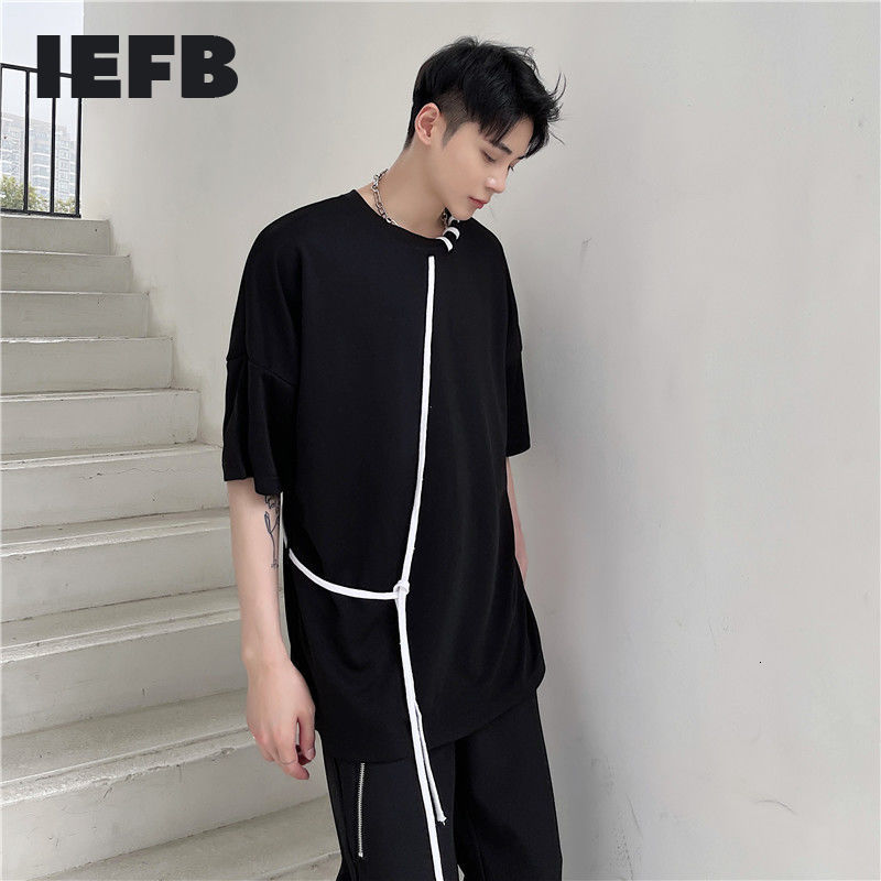 

IEFB Summer simple Design Black Tee Tops Rope Decoration Ice Silk Short Sleeve Streetwear Oversized T-shirt 9Y7013 210524