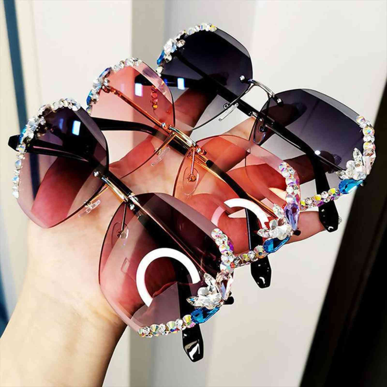 

summer woman sunglasses cover face fashion rhinestone opal gradient shade mirror oversized, White;black