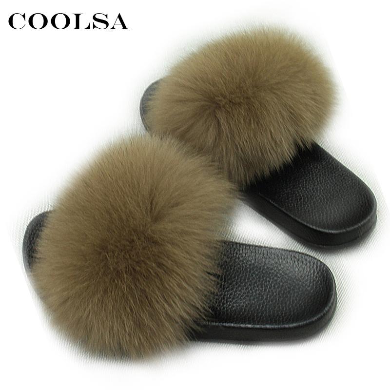 

Slippers Coolsa Summer Women Fur Really Hair Flip Flops Fluffy Plush Non Slip Indoor Slipper High Quality Beach Sandals, Black